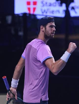 (241028) -- VIENNA, Oct. 28, 2024 -- Karen Khachanov of Russia reacts during the men s singles final against Jack Draper of Britain at Erste Bank Tennis Open in Vienna, Austria, Oct. 27, 2024. ) (SP)AUSTRIA-VIENNA-TENNIS-ERSTE BANK OPEN-FINAL HexCanling 