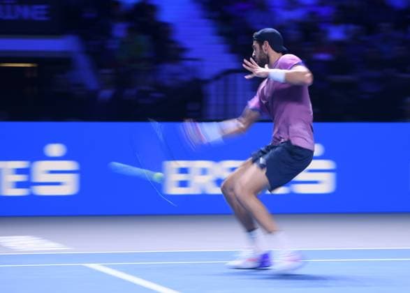 (241028) -- VIENNA, Oct. 28, 2024 -- Karen Khachanov of Russia hits a return during the men s singles final against Jack Draper of Britain at Erste Bank Tennis Open in Vienna, Austria, Oct. 27, 2024. ) (SP)AUSTRIA-VIENNA-TENNIS-ERSTE BANK OPEN-FINAL HexCanling 