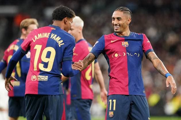 La Liga - Real Madrid v Barcelona FC Barcelona, Barca s Lamine Yamal (l) and Raphinha Diasl celebrate goal during Real Madrid v FC Barcelona La Liga match on October 27, 2024 in Madrid, Spain. Photo by Acero AlterPhotos ABACAPRESS.COM Madrid Spain  Copyright: xAcero AlterPhotos ABACAx