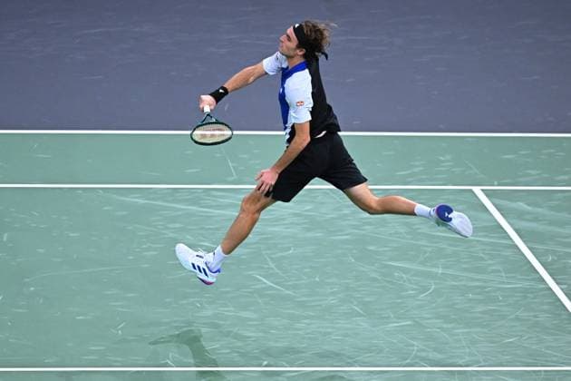 Paris Masters Stefanos Tsitsipas (GRE) during his first rounb at the 2024 Rolex Paris Masters at the Accor Arena in Paris, France, on October 28, 2024. Photo by Corinne Dubreuil ABACAPRESS.COM Paris France  Copyright: xDubreuilxCorinne ABACAx