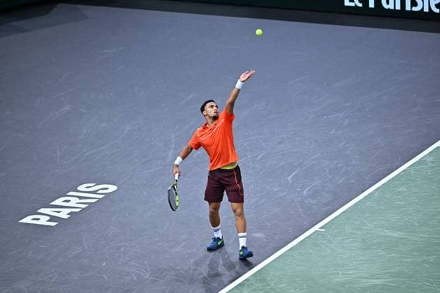 Rolex Paris Masters - Arthur Fils 1st Round France s Arthur Fils plays against Croatia s Marin Cilic during their men s singles match on day two of the Paris ATP, Tennis Herren Masters 1000 tennis tournament at the Accor Arena - Palais Omnisports de Paris-Bercy in Paris, France on October 29, 2024. Fils defeated Cilic 7-6 6-4. Photo by Tomas Stevens ABACAPRESS.COM Paris France  Copyright: xStevensxTomas ABACAx