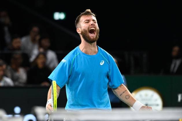 Corentin MOUTET ( France ) celebrates during the Rolex Paris Masters at Accor Hotel Arena on October 29, 2024 in Paris, France. (Photo by Federico Pestellini Panoramic ) TENNIS : Rolex Paris Masters - Paris - 29 10 2024 FedericoPestellini Panoramic 