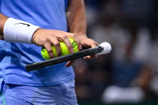 A detail view of match ball in Carlos Alcaraz ( Espagne ) hands during the Rolex Paris Masters at Accor Hotel Arena on October 29, 2024 in Paris, France. (Photo by Federico Pestellini Panoramic ) TENNIS : Rolex Paris Masters - Paris - 29 10 2024 FedericoPestellini Panoramic 