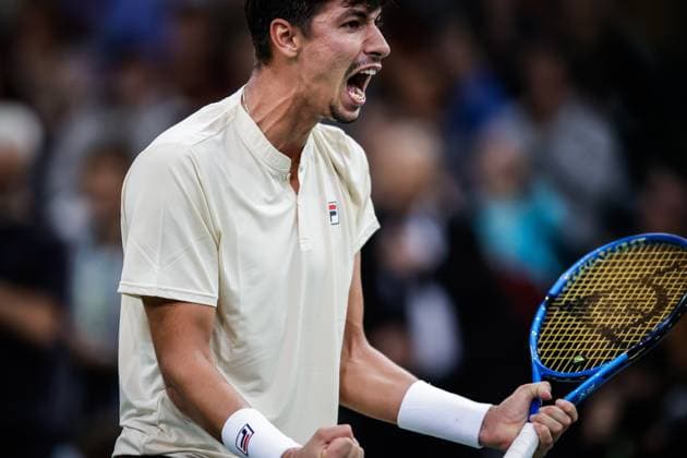 October 30, 2024, Paris, France, France: Alexei POPYRIN of Australia celebrates his victory during the third day of the Rolex Paris Masters 1000 tennis tournament at Accor Arena on October 30, 2024 in Paris, France. Paris France - ZUMAm308 20241030_zsp_m308_012 Copyright: xMatthieuxMirvillex