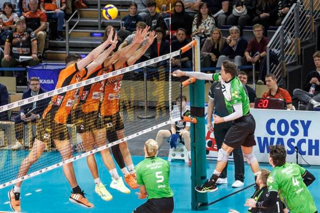 30 10 24, Berlin, Volleyball 1 Bundesliga, Men, Matchday 6, BR Volleys VC Bitterfeld Wolfen, Max Schmeling Halle Edin Ibrahimovic from VC Bitterfeld Wolfen plays the ball over the net BR Volleys VC Bitterfeld Wolfen