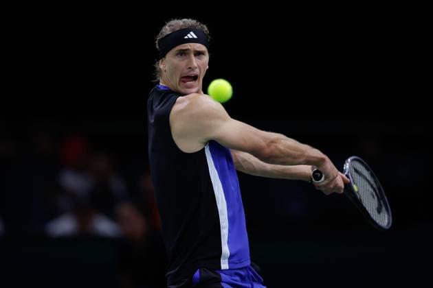 Paris, 30 10 2024 Tennis Rolex Paris Masters 2024, Alexander Zverev GER Tallon Griekspoor NL v l , Alexander Zverev GER plays a backhand Copyright: AntonioxBorga