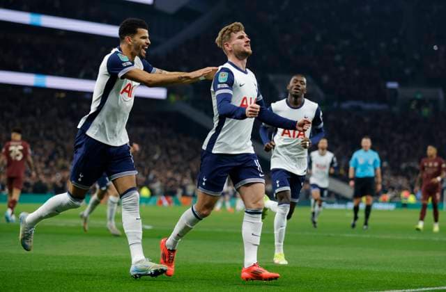 Tottenham Hotspur v Manchester City - Carabao Cup Fourth Round Dominic Solanke and Timo Werner of Tottenham Hotspur celebrate 1st goal during the Carabao Cup Fourth Round match between Tottenham Hotspur and Manchester City at Tottenham Hotspur Stadium on October 30, 2024 in London, England. London Tottenham Hotspur Stadium England United Kingdom Copyright: xNigelxFrench Sportsphoto APLx 14051381