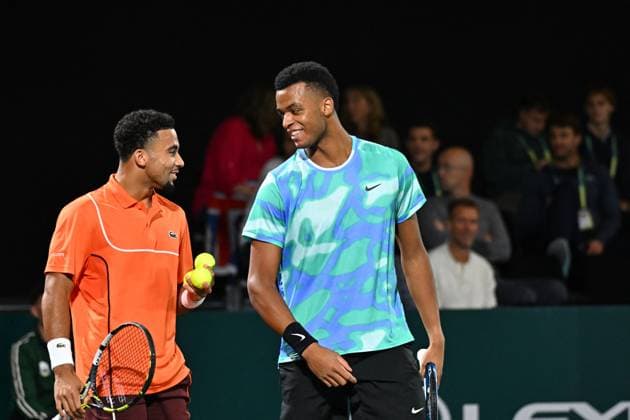 Rolex Paris Masters - 2nd Round Giovanni Mpetshi Perricard (FRA) with Arthur Fils (FRA) during their first double match round at the 2024 Rolex Paris Masters at the Accor Arena in Paris, France, on October 30, 2024. Photo by Corinne Dubreuil ABACAPRESS.COM Paris France  Copyright: xDubreuilxCorinne ABACAx