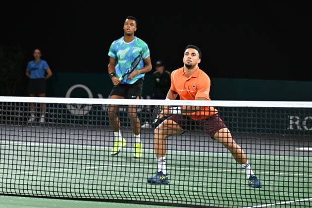 Rolex Paris Masters - 2nd Round Giovanni Mpetshi Perricard (FRA) with Arthur Fils (FRA) during their first double match round at the 2024 Rolex Paris Masters at the Accor Arena in Paris, France, on October 30, 2024. Photo by Corinne Dubreuil ABACAPRESS.COM Paris France  Copyright: xDubreuilxCorinne ABACAx