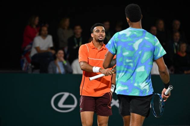 Rolex Paris Masters - 2nd Round Giovanni Mpetshi Perricard (FRA) with Arthur Fils (FRA) during their first double match round at the 2024 Rolex Paris Masters at the Accor Arena in Paris, France, on October 30, 2024. Photo by Corinne Dubreuil ABACAPRESS.COM Paris France  Copyright: xDubreuilxCorinne ABACAx