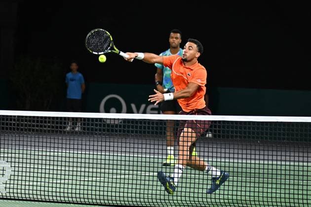 Rolex Paris Masters - 2nd Round Giovanni Mpetshi Perricard (FRA) with Arthur Fils (FRA) during their first double match round at the 2024 Rolex Paris Masters at the Accor Arena in Paris, France, on October 30, 2024. Photo by Corinne Dubreuil ABACAPRESS.COM Paris France  Copyright: xDubreuilxCorinne ABACAx