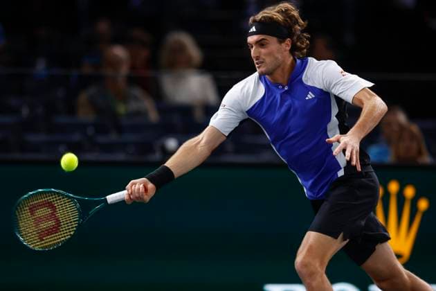 October 31, 2024, Paris, Paris, France: Stefanos TSITSIPAS (GRE),in action during the Rolex masters Paris match between Stefanos TSITSIPAS (GRE), and Francisco CERUNDOLO (ARG) at Accor hotel arena on October 31 2024. Paris France - ZUMAb253 20241031_zsp_b253_008 Copyright: xLoicxBaratouxx