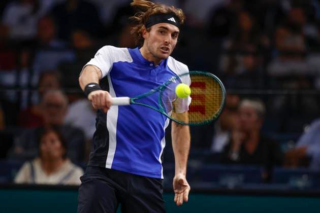 October 31, 2024, Paris, Paris, France: Stefanos TSITSIPAS (GRE),in action during the Rolex masters Paris match between Stefanos TSITSIPAS (GRE), and Francisco CERUNDOLO (ARG) at Accor hotel arena on October 31 2024. Paris France - ZUMAb253 20241031_zsp_b253_012 Copyright: xLoicxBaratouxx