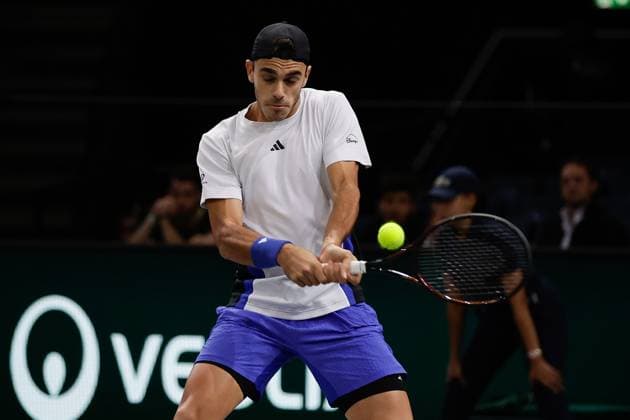ROLEX PARIS MASTERS TENNIS 2024 Paris, 31 10 2024 Tennis Rolex Paris Masters 2024, Stefanos Tsitsipas Francisco Cerundolo z v l , Francisco Cerundolo plays a backhand Copyright: AntonioxBorga
