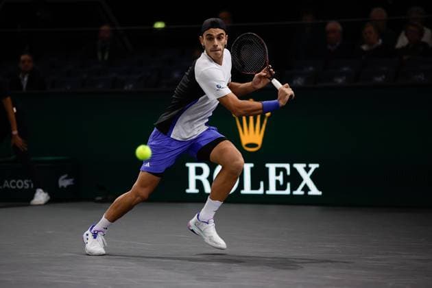 ROLEX PARIS MASTERS TENNIS 2024 Paris, 31 10 2024 Tennis Rolex Paris Masters 2024, Stefanos Tsitsipas Francisco Cerundolo z v l , Francisco Cerundolo plays a backhand Copyright: AntonioxBorga