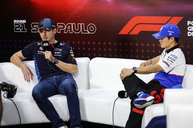 VERSTAPPEN Max (ned), Red Bull Racing RB20, portrait TSUNODA Yuki (jap), Visa Cash App RB F1 Team VCARB 01, portrait press conference, PK, Pressekonferenz during the Formula 1 Grande Premio de Sao Paulo 2024, 21th round of the 2024 Formula One World Championship, WM, Weltmeisterschaft from November 1 to 3, 2024 on the Interlagos Circuit, in Sao Paulo, Brazil - F1 - SAO PAULO GRAND PRIX 2024 DPPI Panoramic 241031_R21_BRASILE_DP_XB3_1696