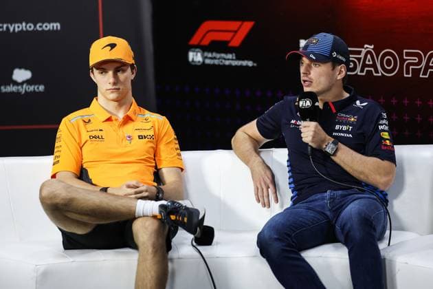 VERSTAPPEN Max (ned), Red Bull Racing RB20, portrait PIASTRI Oscar (aus), McLaren F1 Team MCL38, portrait press conference, PK, Pressekonferenz during the Formula 1 Grande Premio de Sao Paulo 2024, 21th round of the 2024 Formula One World Championship, WM, Weltmeisterschaft from November 1 to 3, 2024 on the Interlagos Circuit, in Sao Paulo, Brazil - F1 - SAO PAULO GRAND PRIX 2024 DPPI Panoramic 241031_R21_BRASILE_DP_XB3_1719