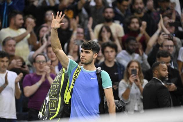Tennis : Rolex Paris Masters 2024 - Ugo Humbert - France bat Carlos Alcaraz - Espagne Tennis : Rolex Paris Masters 2024 - Paris - 30 10 2024 ChrysleneCaillaud Panoramic 