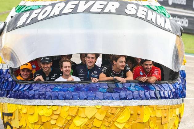 inauguration of a giant replica of Ayrton Senna helmet with Sebastian Vettel and most of the F1 Drivers during the Formula 1 Grande Premio de Sao Paulo 2024, 21th round of the 2024 Formula One World Championship, WM, Weltmeisterschaft from November 1 to 3, 2024 on the Interlagos Circuit, in Sao Paulo, Brazil - F1 - SAO PAULO GRAND PRIX 2024 DPPI Panoramic  241031_R21_BRASILE_DP_AV3_5622