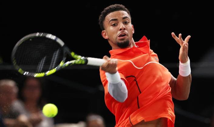 (241101) -- PARIS, Nov. 1, 2024 -- Arthur Fils of France hits a return during the singles round of 16 match between Alexander Zverev of Germany and Arthur Fils of France at Paris ATP, Tennis Herren Masters 1000 tennis tournament in Paris, France, Oct. 31, 2024. ) (SP)FRANCE-PARIS-TENNIS-ATP-MASTERS GaoxJing 