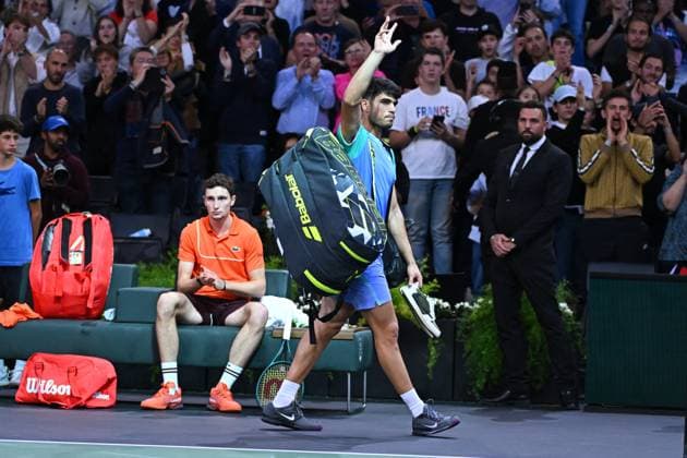Rolex Paris Masters - Humbert Defeats Alcaraz Carlos Alcaraz (ESP) during his third round at the 2024 Rolex Paris Masters at the Accor Arena in Paris, France, on October 31, 2024. Photo by Corinne Dubreuil ABACAPRESS.COM Paris France  Copyright: xDubreuilxCorinne ABACAx