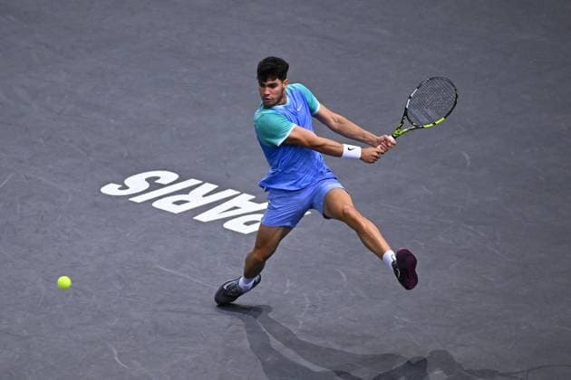 Rolex Paris Masters - Humbert Defeats Alcaraz Carlos Alcaraz (ESP) during his third round at the 2024 Rolex Paris Masters at the Accor Arena in Paris, France, on October 31, 2024. Photo by Corinne Dubreuil ABACAPRESS.COM Paris France  Copyright: xDubreuilxCorinne ABACAx