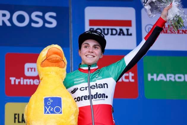 X2O Badkamers Trofee cyclocross - Koppenbergcross 2024 OUDENAARDE, BELGIUM - NOVEMBER 01 : Casasola Sara (ITA) of Crelan - Corendon pictured during the podium ceremony of the Koppenbergcross, the first leg of the women elite X2O Badkamers Trofee cyclocross series 2024-2025 in Oudenaarde, Belgium, 01 11 2024 Oudenaarde Belgium  Copyright: xJanxDexMeuleneirx