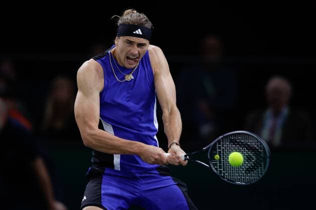 ROLEX PARIS MASTERS TENNIS 2024 Paris, 01 11 2024 Tennis Rolex Paris Masters 2024, Alexander Zverev GER Stefanos Tsitsipas GRE v l , Alexander Zverev GER plays a backhand Copyright: AntonioxBorga