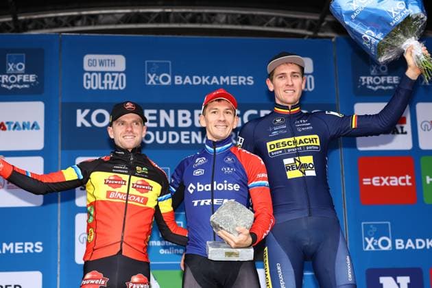 Belgian Eli Iserbyt, Dutch Lars Van Der Haar and Belgian Toon Aerts pictured on the podium after the men elite race of the Koppenbergcross, the first race (out of eight) of the X2O Badkamers trophy cyclocross competition, in Melden, Oudenaarde, on . DAVIDxPINTENS  x104277300x