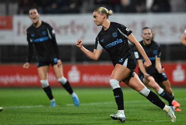Soccer Google Pixel Womens Bundesliga Season 2024 2025 8 Matchday 1 FC Köln Bayer 04 Leverkusen on 01 11 2024 at Franz Kremer Stadium in Cologne Goal celebration for 1 2 by Cornelia Kramer Bayer 04 Leverkusen DFB regulations prohibit any use of photographs as image sequences and or quasi video North Rhine-Westphalia Germany