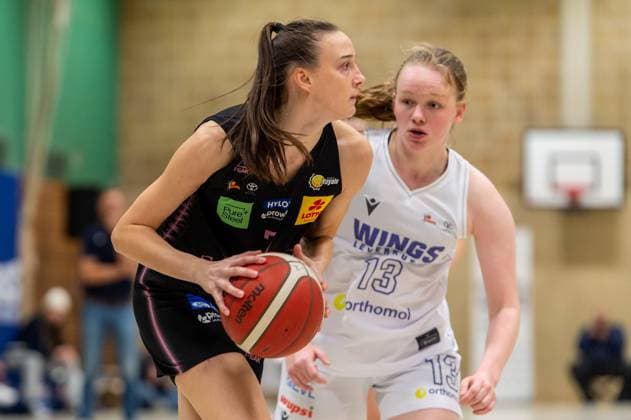 Marusa Senicar Saarlouis Royals,No 07 and Greta Kröger Wings Leverkusen,No 13 DEU, Leverkusen, 01 11 2024 Basketball, Toyota 1 Womens Basketball Bundesliga, Season 2024 2025, 6 Matchday, Wings Leverkusen Saarlouis Royals Werner Heisenberg Halle NRW Germany