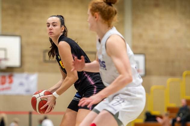 Camille Hillotte Saarlouis Royals,No 03 and Lea Wolff Wings Leverkusen,No 07 DEU, Leverkusen, 01 11 2024 Basketball, Toyota 1 Womens Basketball Bundesliga, Season 2024 2025, 6 Matchday, Wings Leverkusen Saarlouis Royals Werner Heisenberg Halle NRW Germany