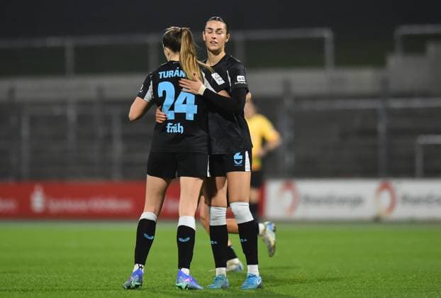 Soccer Google Pixel Womens Bundesliga Season 2024 2025 8 Matchday 1 FC Köln Bayer 04 Leverkusen on 01 11 2024 at Franz Kremer Stadium in Cologne Lilla Turanyi Bayer 04 Leverkusen , left Selina Ostermeier Bayer 04 Leverkusen , right are happy about the victory DFB regulations prohibit any use of photographs as image sequences and or quasi video Nordrhein Westfalen Germany