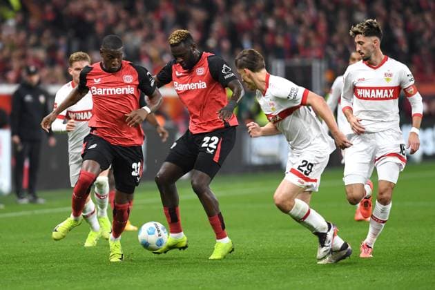 Nordi Mukiele Bayer 04 Leverkusen , Victor Boniface Bayer 04 Leverkusen , Anthony Rouault VfB Stuttgart and Atakan Karazor VfB Stuttgart in a duel during the Bundesliga 1 match between Bayer 04 Leverkusen and VfB Stuttgart, BayArena on November 1, 2024 in Leverkusen, Germany Photo by Ralf Treese DeFodi Images Nordi Mukiele Bayer 04 Leverkusen , Victor Boniface Bayer 04 Leverkusen , Anthony Rouault VfB Stuttgart and Atakan Karazor VfB Stuttgart battle for the ball during the Bundesliga match between Bayer 04 Leverkusen and VfB Stuttgart at BayArena on November 1, 2024 in Leverkusen, Germany Photo by Ralf Treese DeFodi Images DFL regulations prohibit any use of photographs as image sequences and or quasi video not used in POL SRB CRO FRA GBR NED ITA USA Defodi 521 LEVVFB20241101 020 Defodi-521 not used in POL SRB CRO FRA GBR NED ITA USA DFL regulations prohibit any use of photographs as image sequences and or quasi-video.
