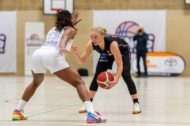 Jessika Schiffer Saarlouis Royals,No 55 against Trudy Walker Wings Leverkusen,No 23 DEU, Leverkusen, 01 11 2024 Basketball, Toyota 1 Womens Basketball Bundesliga, Season 2024 2025, 6 Matchday, Wings Leverkusen Saarlouis Royals