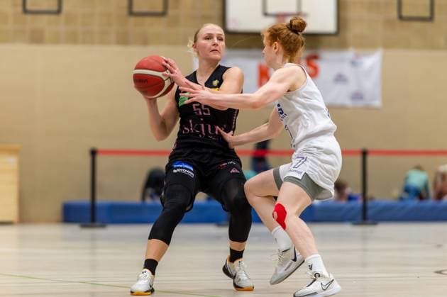 Jessika Schiffer Saarlouis Royals,No 55 in duel with Lea Wolff Wings Leverkusen,No 07 DEU, Leverkusen, 01 11 2024 Basketball, Toyota 1 Womens Basketball Bundesliga, Season 2024 2025, 6 Matchday, Wings Leverkusen Saarlouis Royals Werner Heisenberg Halle NRW Germany