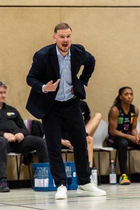 Matiss Rozlapa Saarlouis Royals,Coach excited on the sideline DEU, Leverkusen, 01 11 2024 Basketball, Toyota 1 Womens Basketball Bundesliga, Season 2024 2025, Matchday 6, Wings Leverkusen Saarlouis Royals Werner Heisenberg Halle NRW Germany