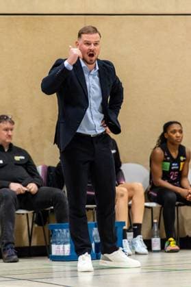 Matiss Rozlapa Saarlouis Royals,Coach excited on the sideline DEU, Leverkusen, 01 11 2024 Basketball, Toyota 1 Womens Basketball Bundesliga, Season 2024 2025, Matchday 6, Wings Leverkusen Saarlouis Royals Werner Heisenberg Halle NRW Germany