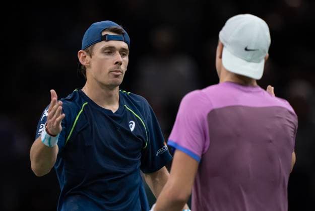 (241102) -- PARIS, Nov. 2, 2024 -- Holger Rune (R) greets Alex De Minaur after the singles quarter-final match between Holger Rune of Denmark and Alex De Minaur of Australia at Paris ATP, Tennis Herren Masters 1000 tennis tournament in Paris, France, Nov. 1, 2024. (Photo by Xinhua) (SP)FRANCE-PARIS-TENNIS-ATP-MASTERS NehaxGaneriwal 