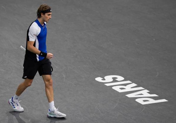 (241102) -- PARIS, Nov. 2, 2024 -- Stefanos Tsitsipas of Greece reacts while competing against Alexander Zverev of Germany during the singles quarter-final match at Paris ATP, Tennis Herren Masters 1000 tennis tournament in Paris, France, Nov. 1, 2024. (Photo by Xinhua) (SP)FRANCE-PARIS-TENNIS-ATP-MASTERS NehaxGaneriwal 