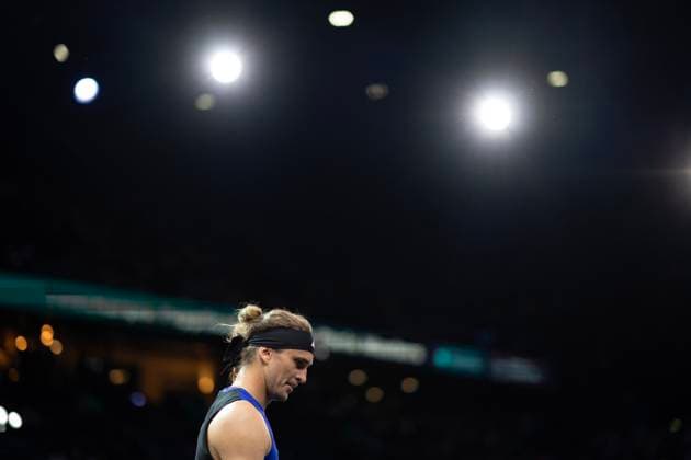(241102) -- PARIS, Nov. 2, 2024 -- Alexander Zverev of Germany reacts while competing against Stefanos Tsitsipas of Greece during the singles quarter-final match at Paris ATP, Tennis Herren Masters 1000 tennis tournament in Paris, France, Nov. 1, 2024. (Photo by Xinhua) (SP)FRANCE-PARIS-TENNIS-ATP-MASTERS NehaxGaneriwal 