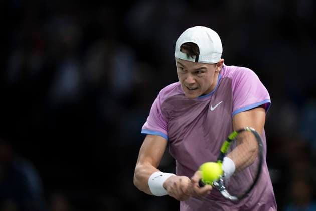 (241102) -- PARIS, Nov. 2, 2024 -- Holger Rune of Denmark returns a shot during the singles quarter-final match between Holger Rune of Denmark and Alex De Minaur of Australia at Paris ATP, Tennis Herren Masters 1000 tennis tournament in Paris, France, Nov. 1, 2024. (Photo by Xinhua) (SP)FRANCE-PARIS-TENNIS-ATP-MASTERS NehaxGaneriwal 