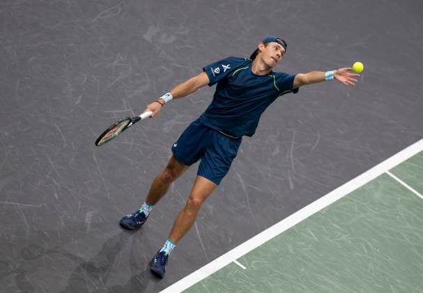(241102) -- PARIS, Nov. 2, 2024 -- Alex De Minaur of Australia serves during the singles quarter-final match between Holger Rune of Denmark and Alex De Minaur of Australia at Paris ATP, Tennis Herren Masters 1000 tennis tournament in Paris, France, Nov. 1, 2024. (Photo by Xinhua) (SP)FRANCE-PARIS-TENNIS-ATP-MASTERS NehaxGaneriwal 