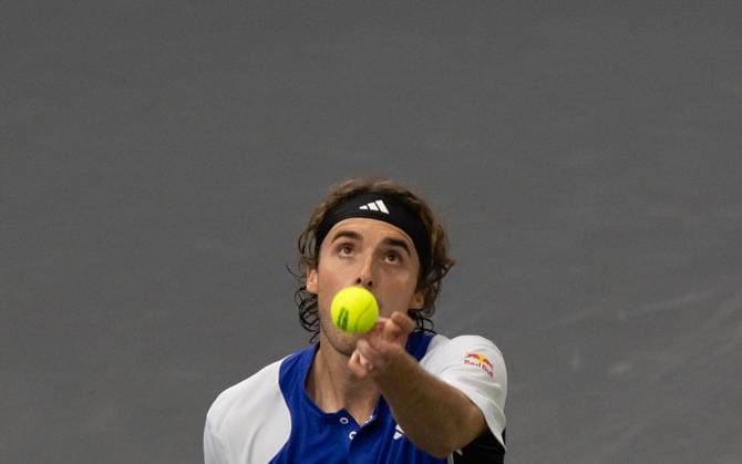 (241102) -- PARIS, Nov. 2, 2024 -- Stefanos Tsitsipas of Greece serves to Alexander Zverev of Germany during the singles quarter-final match at Paris ATP, Tennis Herren Masters 1000 tennis tournament in Paris, France, Nov. 1, 2024. (Photo by Xinhua) (SP)FRANCE-PARIS-TENNIS-ATP-MASTERS NehaxGaneriwal 