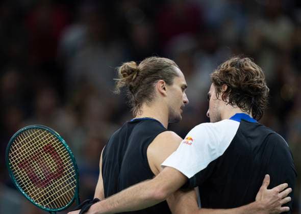 (241102) -- PARIS, Nov. 2, 2024 -- Alexander Zverev (L) of Germany and Stefanos Tsitsipas of Greece greet each other after the singles quarter-final match at Paris ATP, Tennis Herren Masters 1000 tennis tournament in Paris, France, Nov. 1, 2024. (Photo by Xinhua) (SP)FRANCE-PARIS-TENNIS-ATP-MASTERS NehaxGaneriwal 