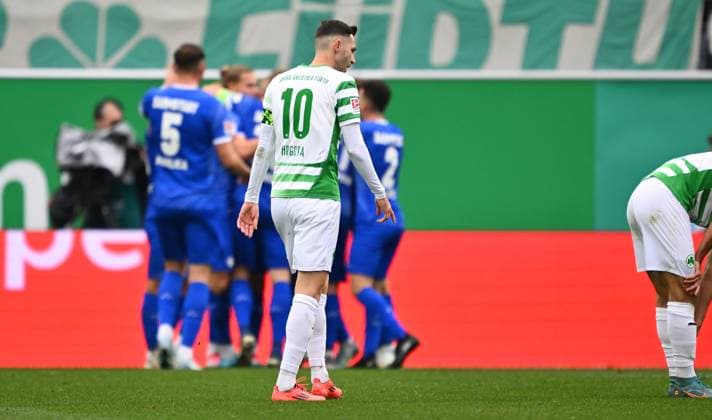 02 11 2024 Soccer season 2024 2025 2 Soccer Bundesliga 11 Matchday SpVgg Greuther Fürth Kleeblatt SV Darmstadt 98 SVD Lilien Sportfoto Zink xwoxzix DFL regulations prohibit any use of photographs as image sequences and or quasi video only for editorial use Branimir Hrgota 10, SpVgg Greuther Fürth disappointed disappointment goal celebration jubilation joy anch Treffer Tor Torschuß zum 0 2 by Fynn Luca Lakenmacher 19, SV Darmstadt 98 D98 SV98