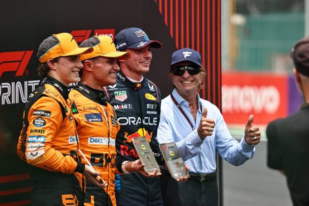Oscar Piastri (AUS) ,Lando Norris (GBR) - McLaren Formula 1 Team - McLaren MCL38 - Mercedes and Max Verstappen (NED) - Oracle Red Bull Racing - Red Bull RB20 - Honda RBPT with Emerson Fittipaldi (BRA), after Sprint Race of the Formula 1 Lenovo Grande Premio de Sao Paulo 2024, scheduled to take place at Interlagos Circuit, San Paolo, Brasil, BRA Nov 1st-3rd, 2024  Copyright: xAlessioxDexMarco IPAxSportx xipax xx IPA_51194547 IPA_Agency_IPA51194547
