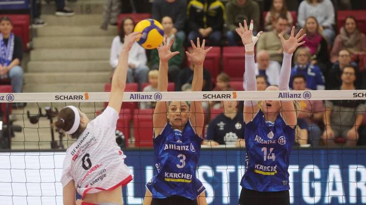 Stuttgart , Volleyball Bundesliga Women, Allianz MTV Stuttgart vs Dresdner SC , from left Victoria Demidova Desden Milana Bozic Kelsey Veltman Stgt