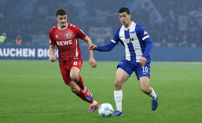 Eric Martel, Ibrahim Maza duel match scene action sport football soccer DFL 2 Bundesliga men 11 matchday season 2024 2025 02 11 2024 Hertha BSC Berlin vs 1 FC Köln DFL regulations prohibit any use of photographs as image sequences and or quasi video