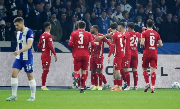 Cologne cheers after goal to 0 1 by Tim Lemperle Sport Football Soccer DFL 2 Bundesliga Men 11 Matchday Season 2024 2025 02 11 2024 Hertha BSC Berlin vs 1 FC Köln DFL regulations prohibit any use of photographs as image sequences and or quasi video